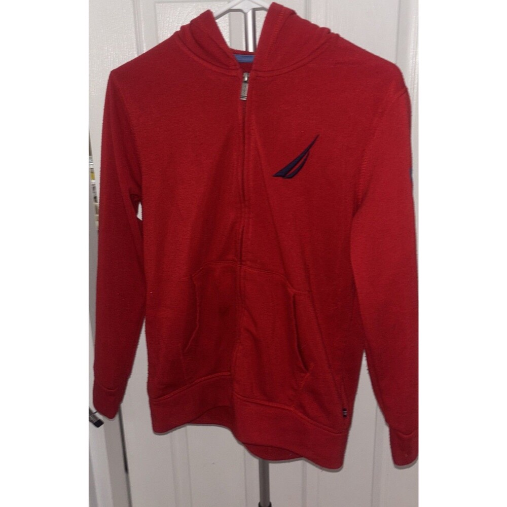 Nautica Size 14/16 Red Full Zip Hoodie Sweatshirt with Hoodie Logo On Front - Picture 2 of 8
